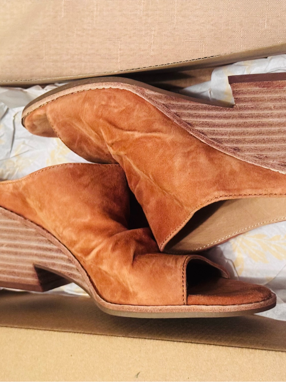 Women’s Suede Open-Toe Mule Heels in Rust- Ginger tan